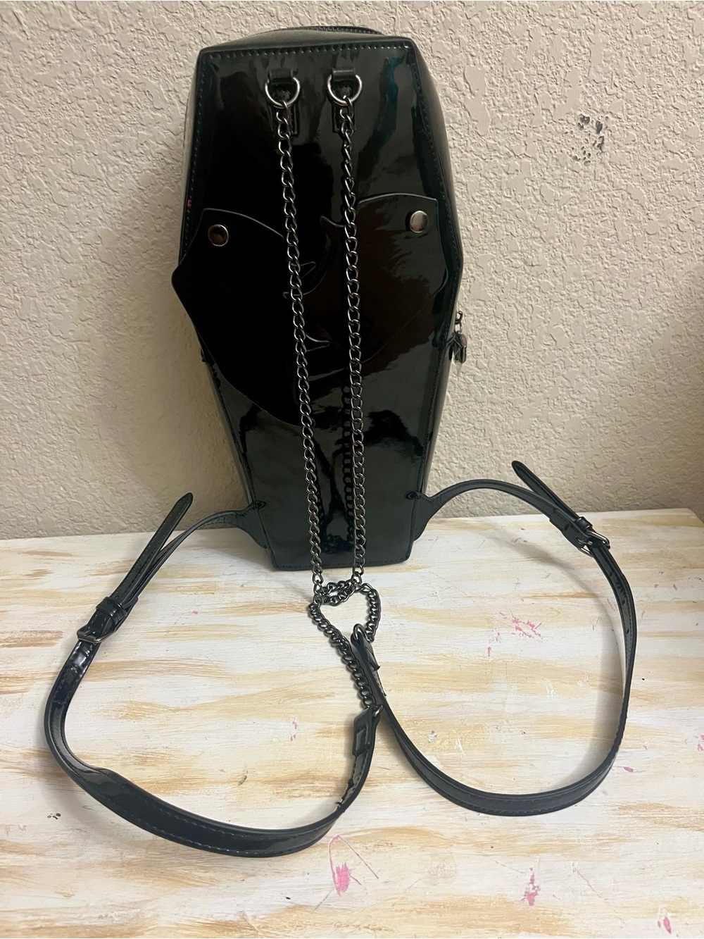 Betsy Johnson Black Patent Coffin Backpack purse and wallet - Picture 3 of 7